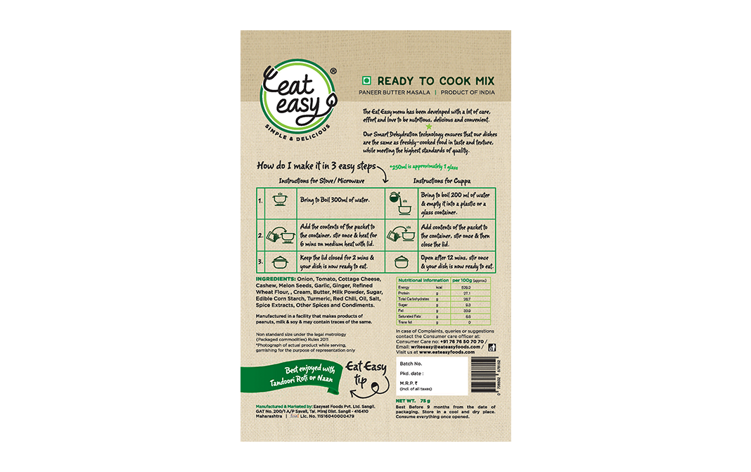 Eat Easy Paneer Butter Masala    Box  75 grams